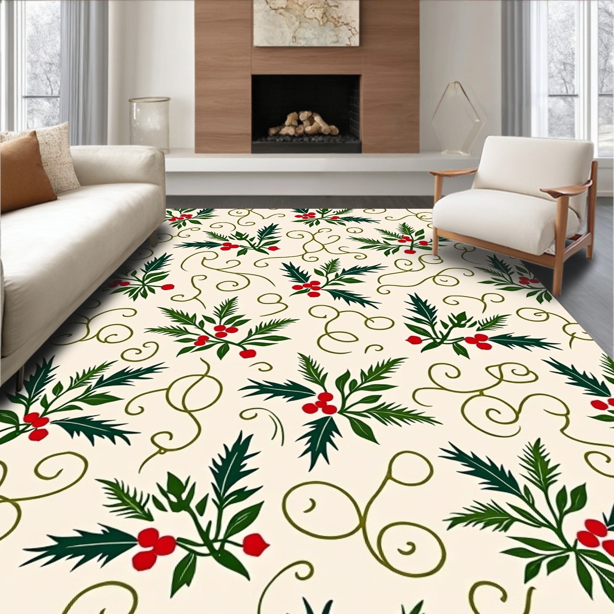 Green Holly Berry Swirl Cream Rug