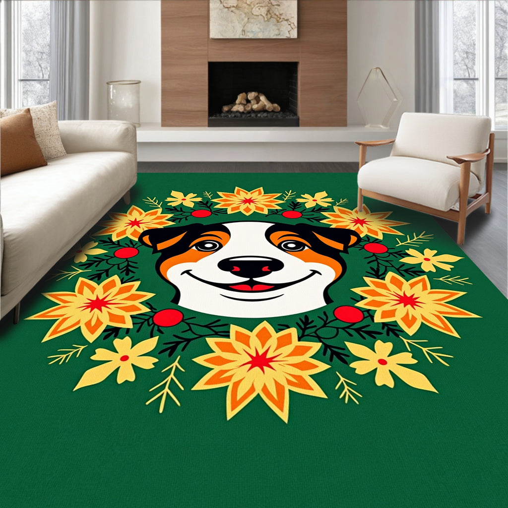 Whimsical Dog Floral Wreath Crimson Yellow Rug