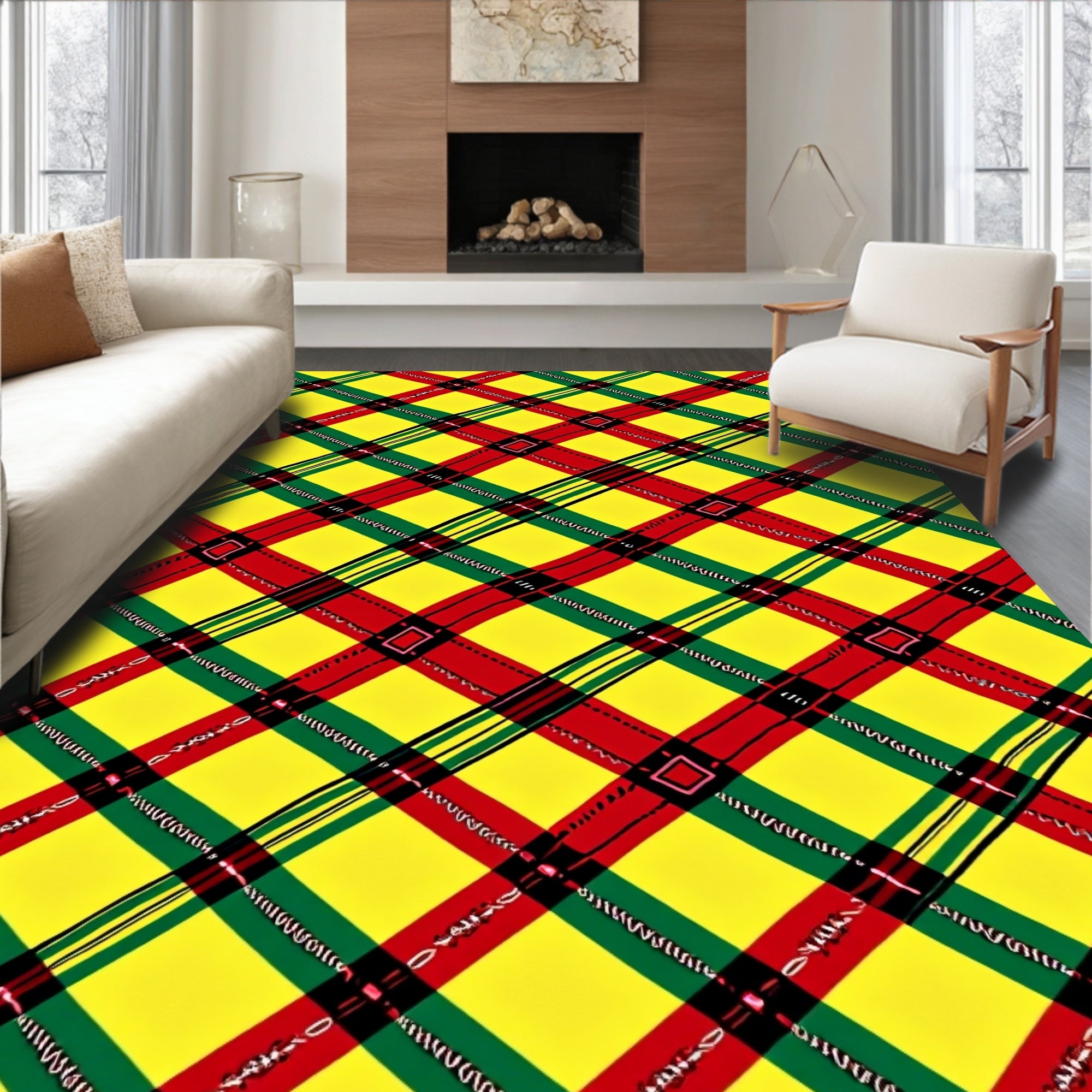 Vibrant Yellow Red Green Plaid Rug