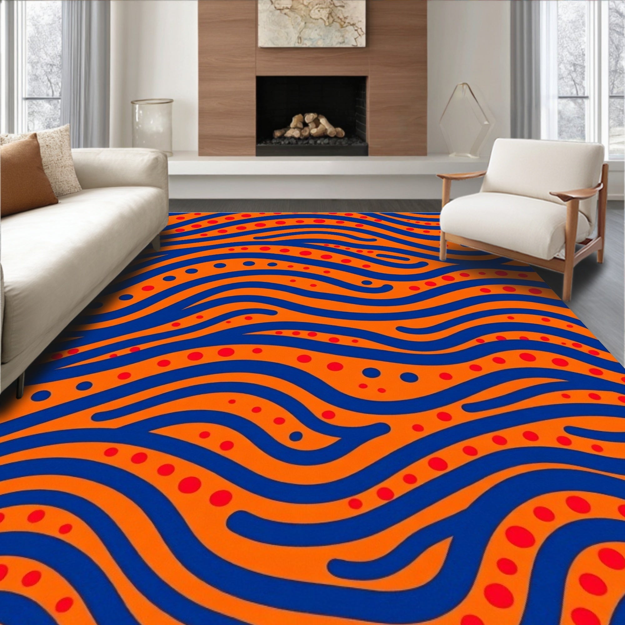Bold Orange Blue Wavy Dot Rug