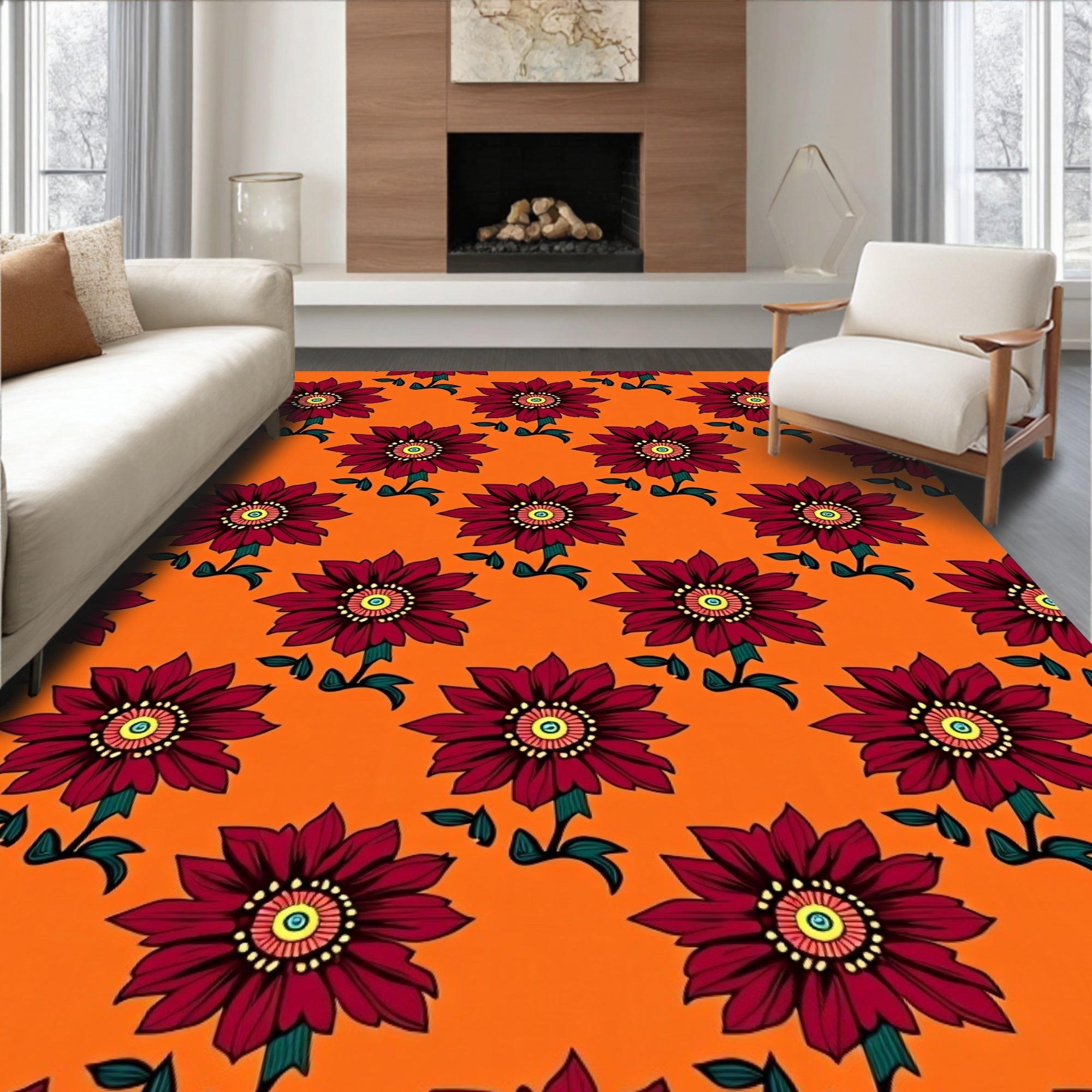 Rich Garnet Floral Blossom Orange Rug