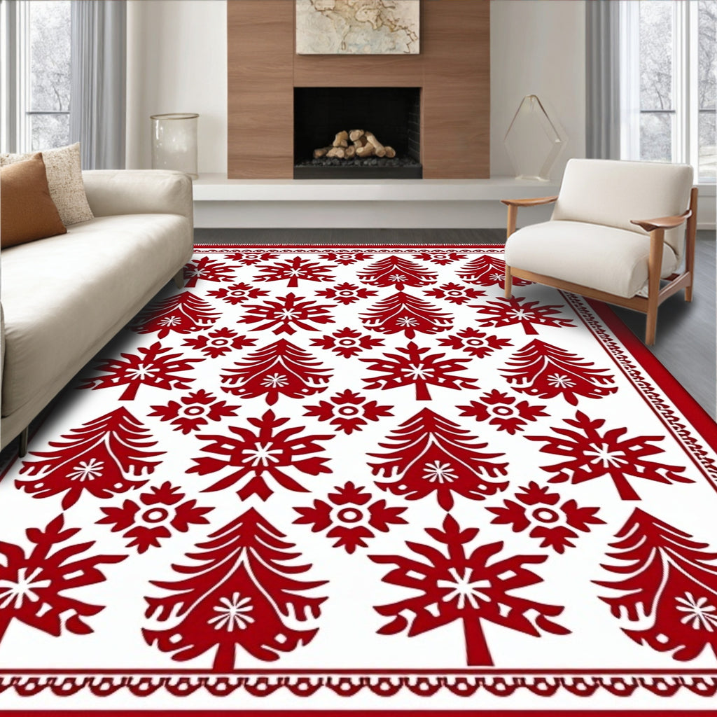 Red Christmas Tree Snowflakes Border Rug