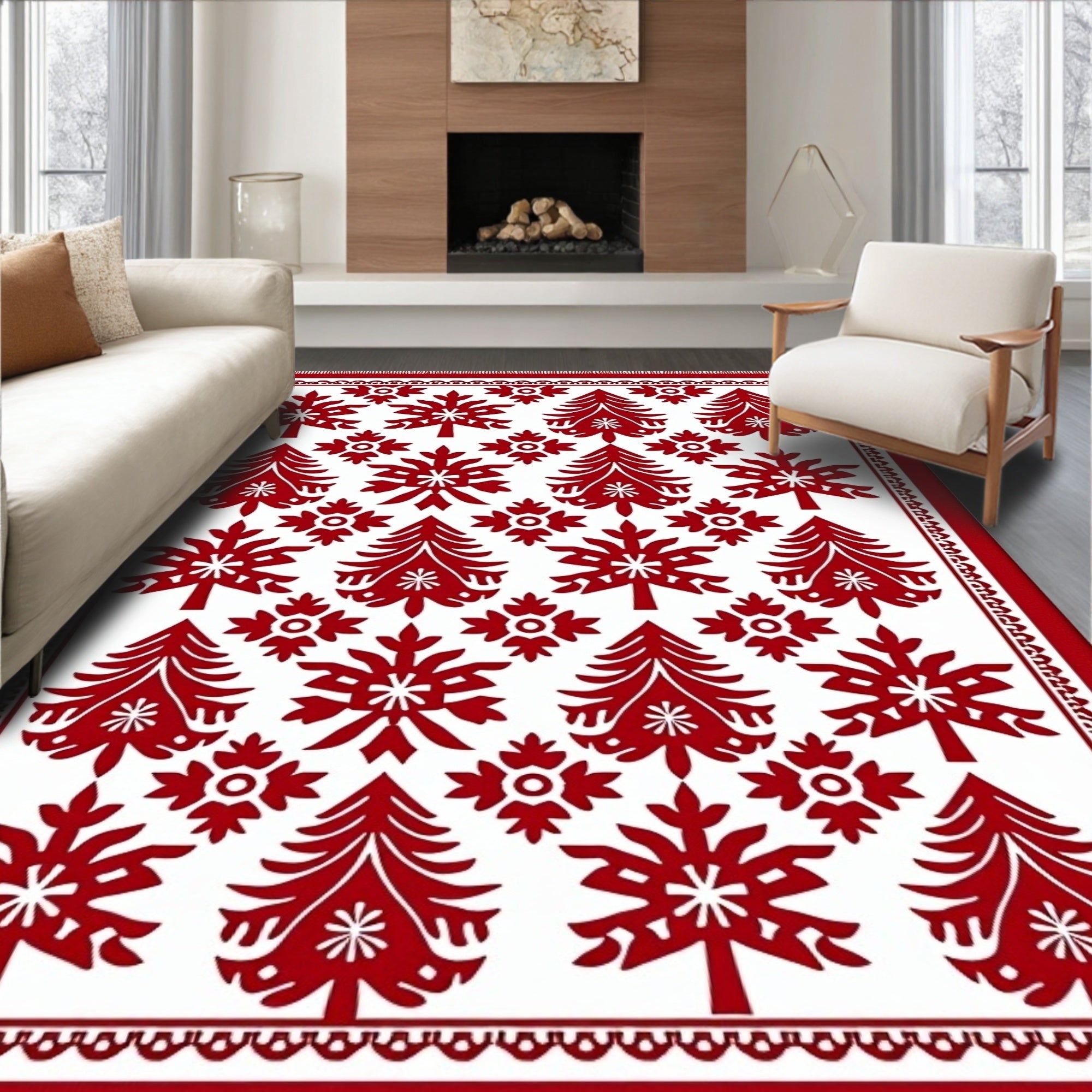 Red Christmas Tree Snowflakes Border Rug