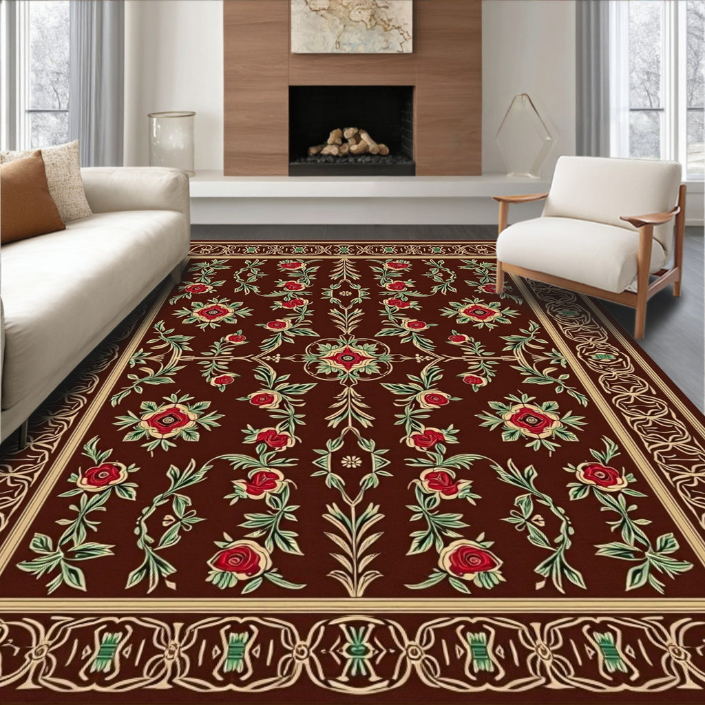 Rich Crimson Floral Bordered Rug