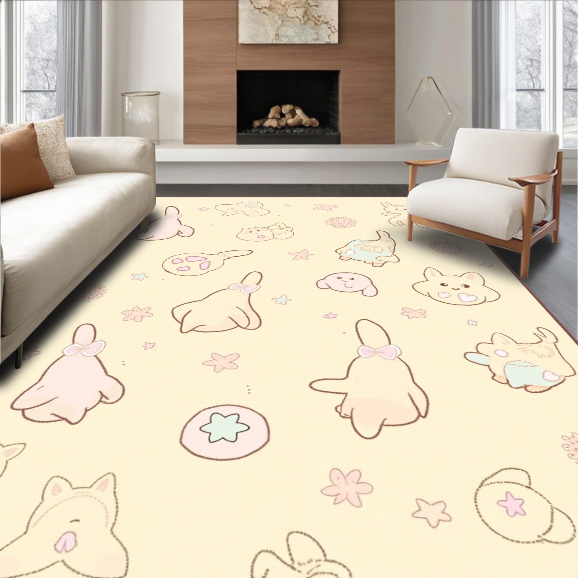 Kawaii Pastel Creatures Scattered Floral Rug