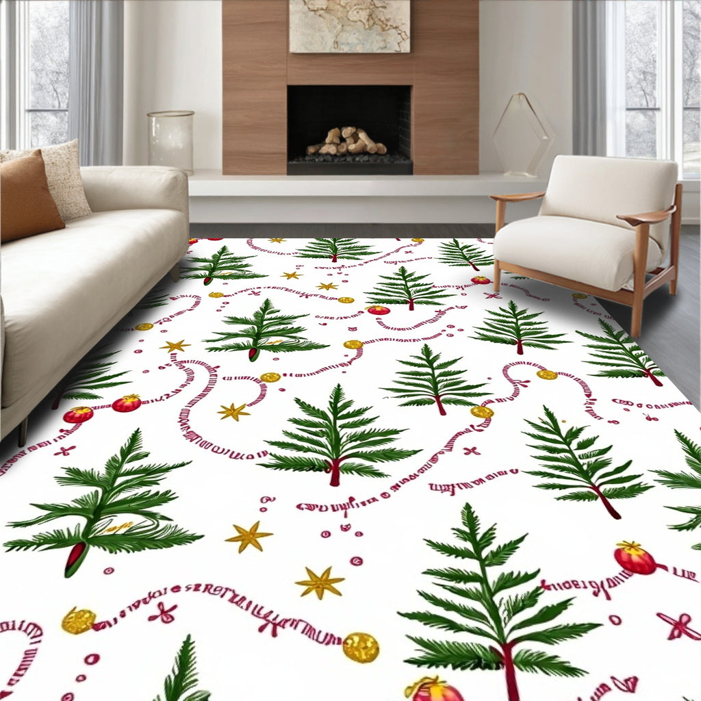 Green Pine Trees Red Garland Stars Rug