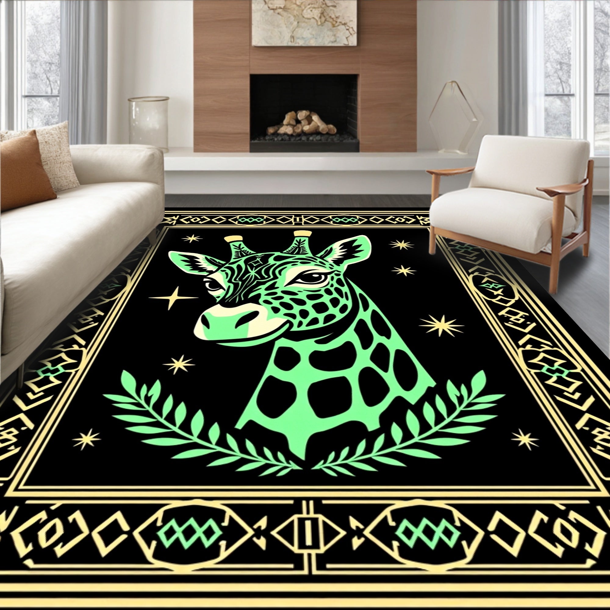 Whimsical Green Giraffe Starry Night Rug