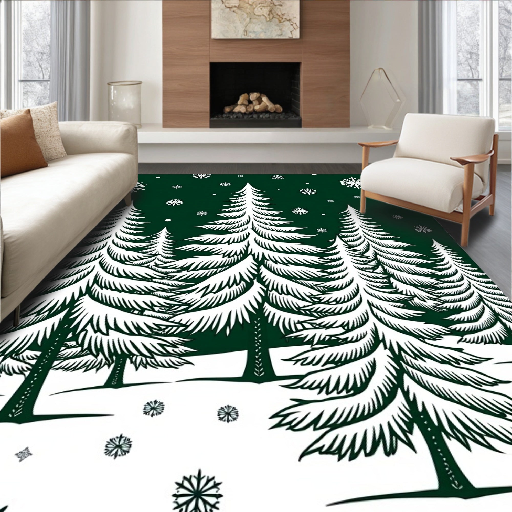 Evergreen Forest Snowflake Winter Scene Rug