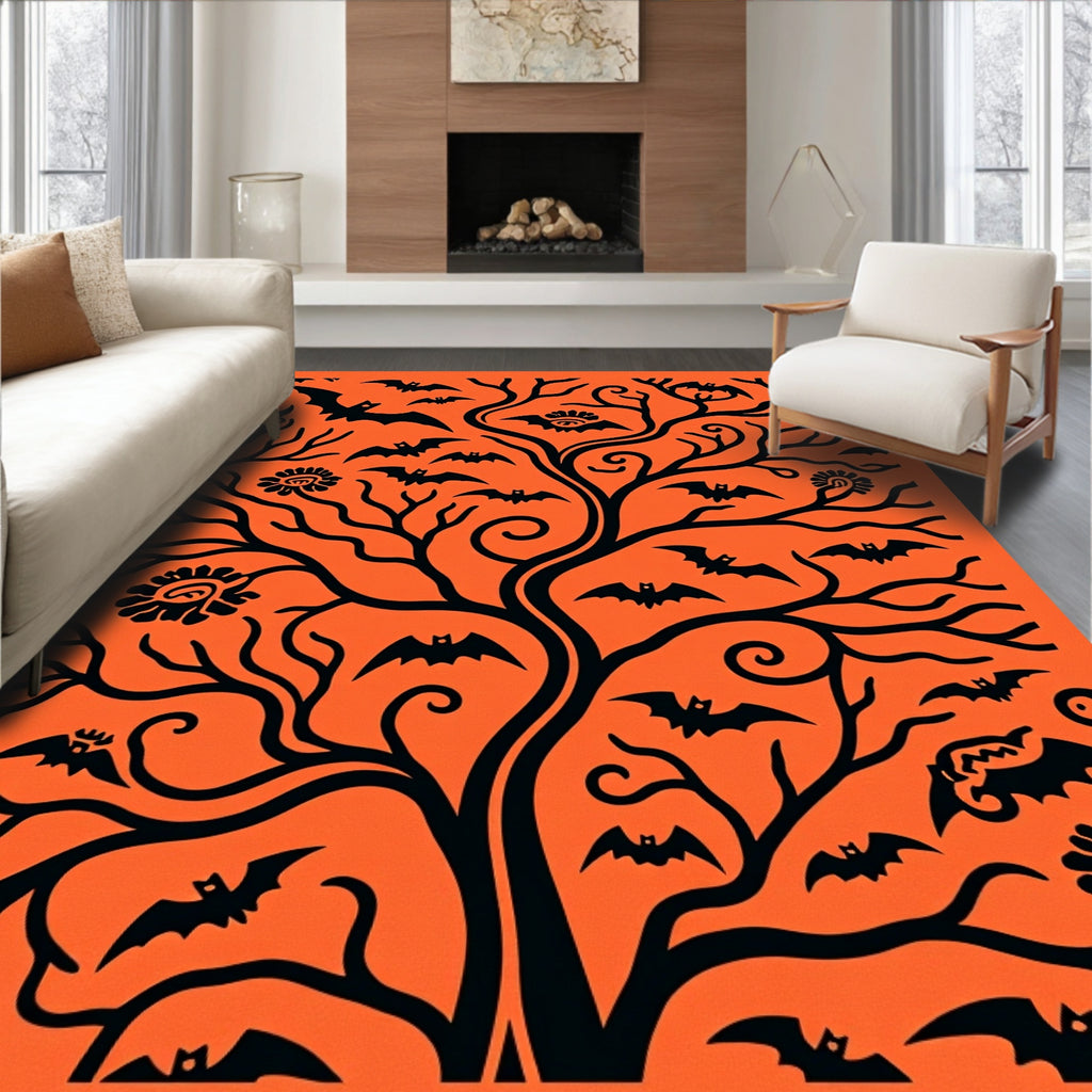 Spooky Bat Tree Halloween Orange Rug