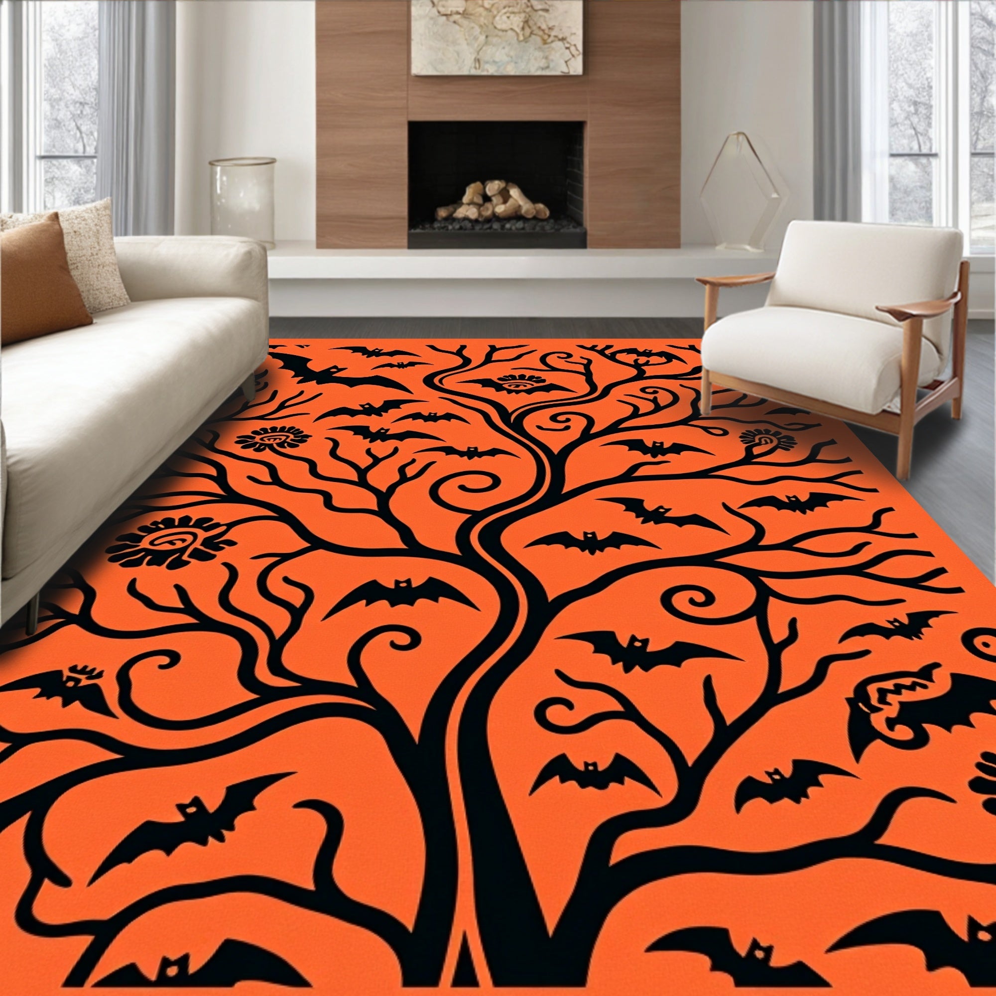 Spooky Bat Tree Halloween Orange Rug