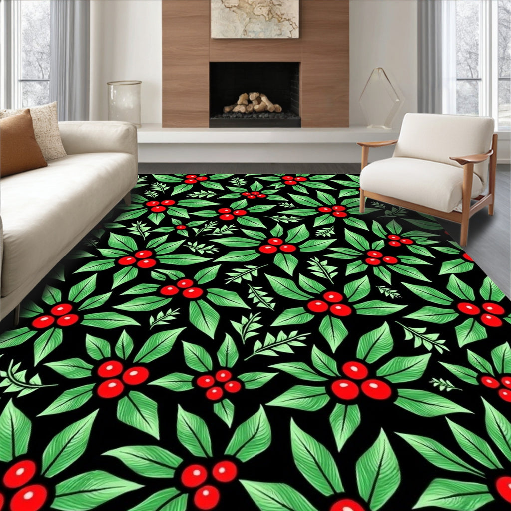 Black Red Green Holly Berries Branches Rug