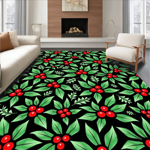 Black Red Green Holly Berries Branches Rug