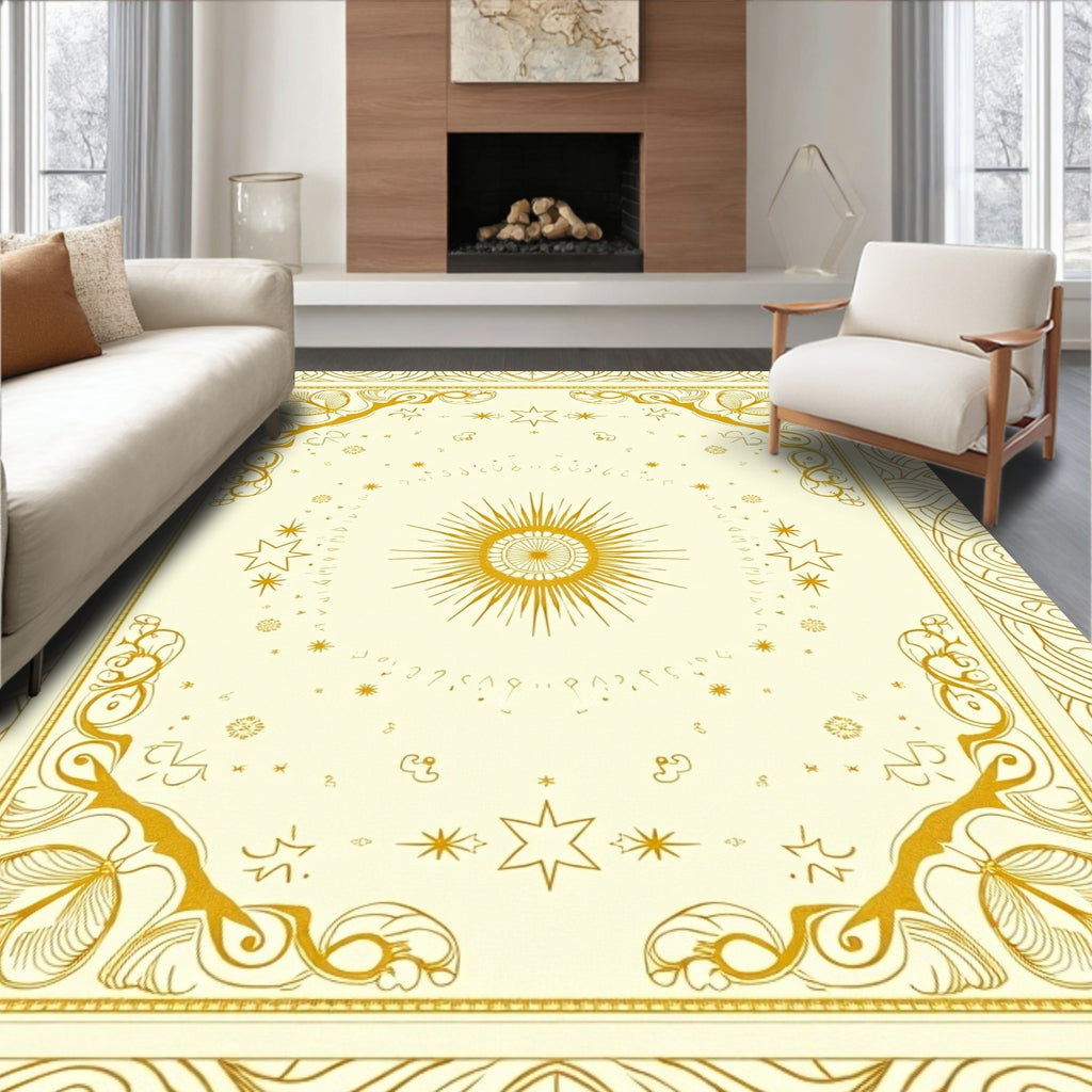 Golden Celestial Sunburst Floral Border Rug