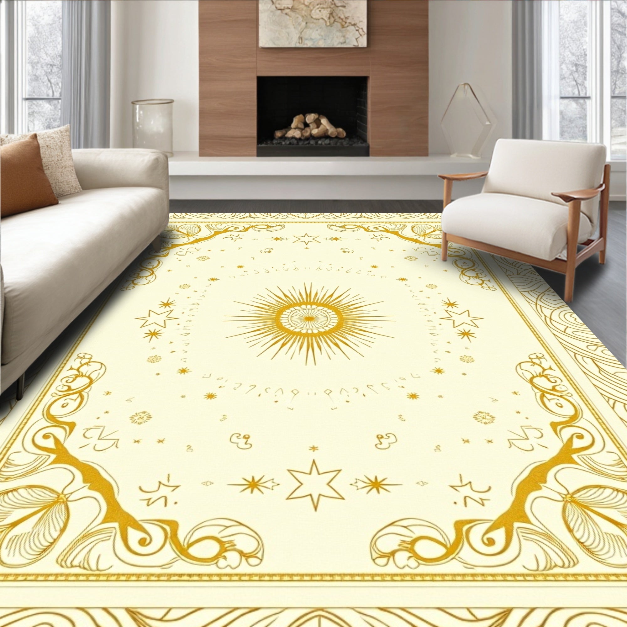 Golden Celestial Sunburst Floral Border Rug