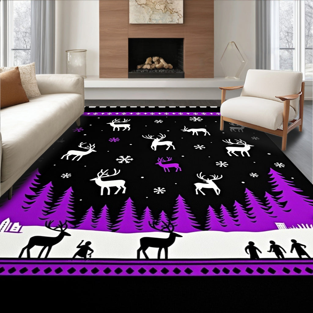 Whimsical Purple Deer Snowy Forest Night Rug