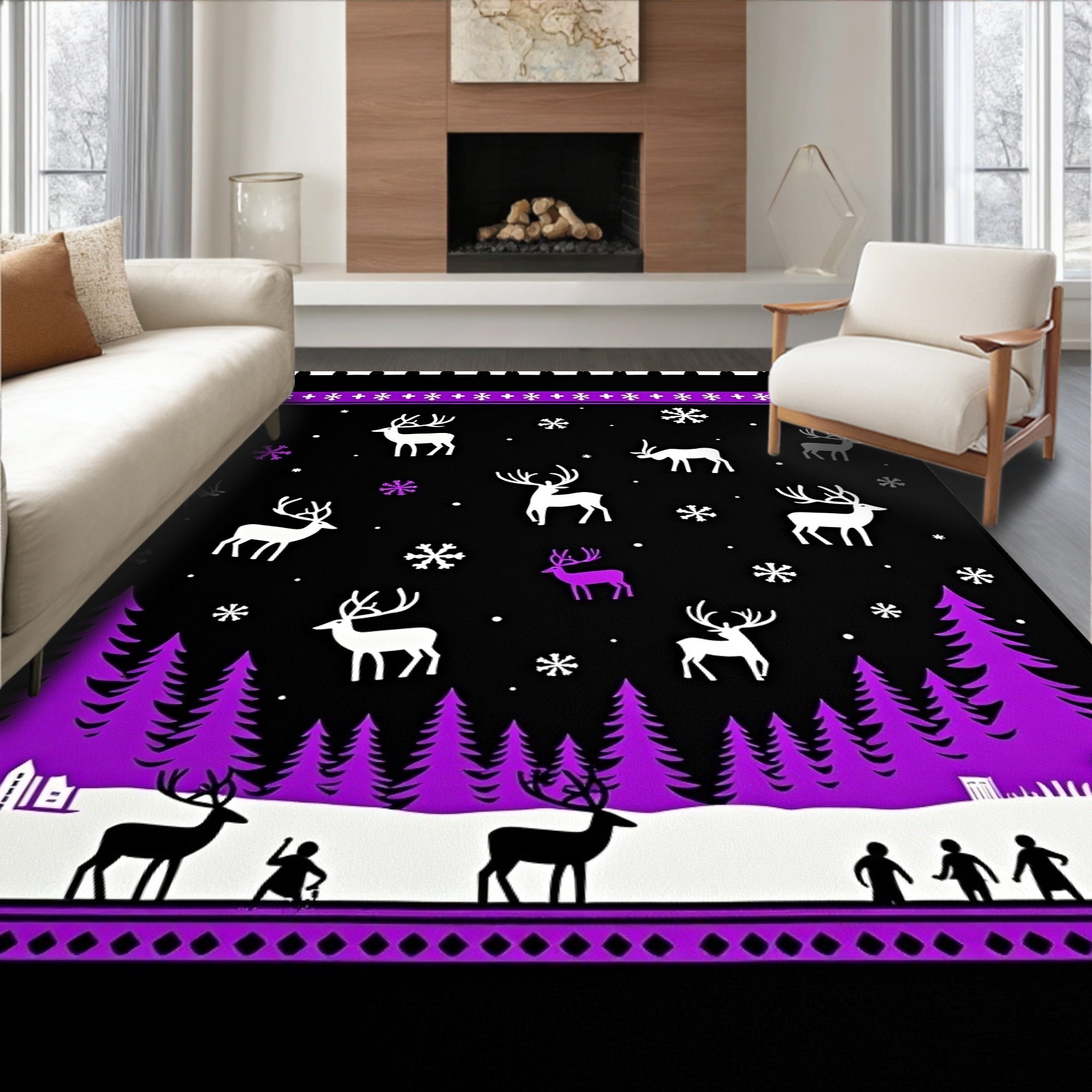 Whimsical Purple Deer Snowy Forest Night Rug