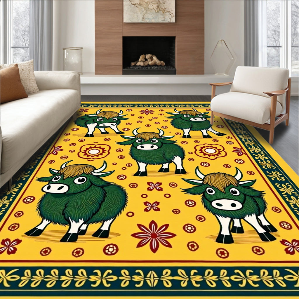 Charming Green Yaks Yellow Folk Art Rug