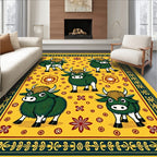 Charming Green Yaks Yellow Folk Art Rug