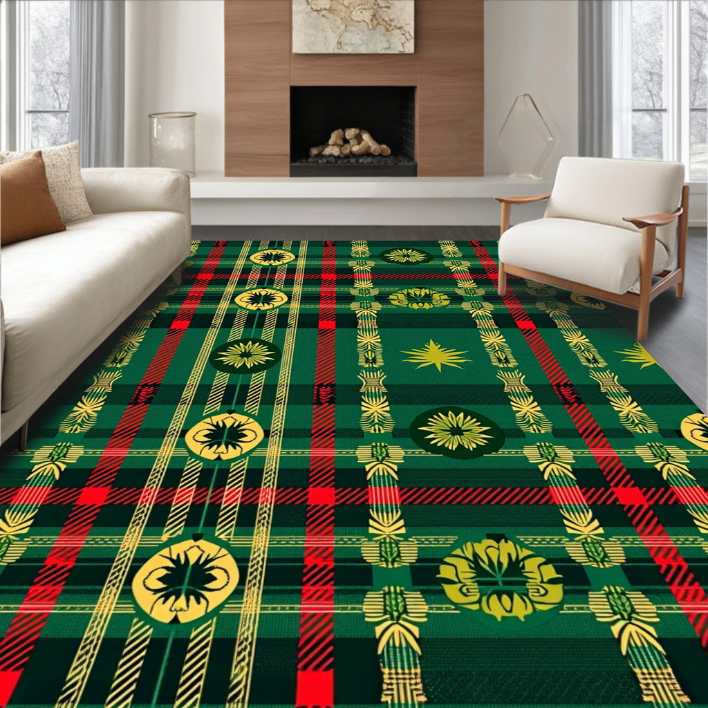 Green Red Gold Plaid Floral Rug