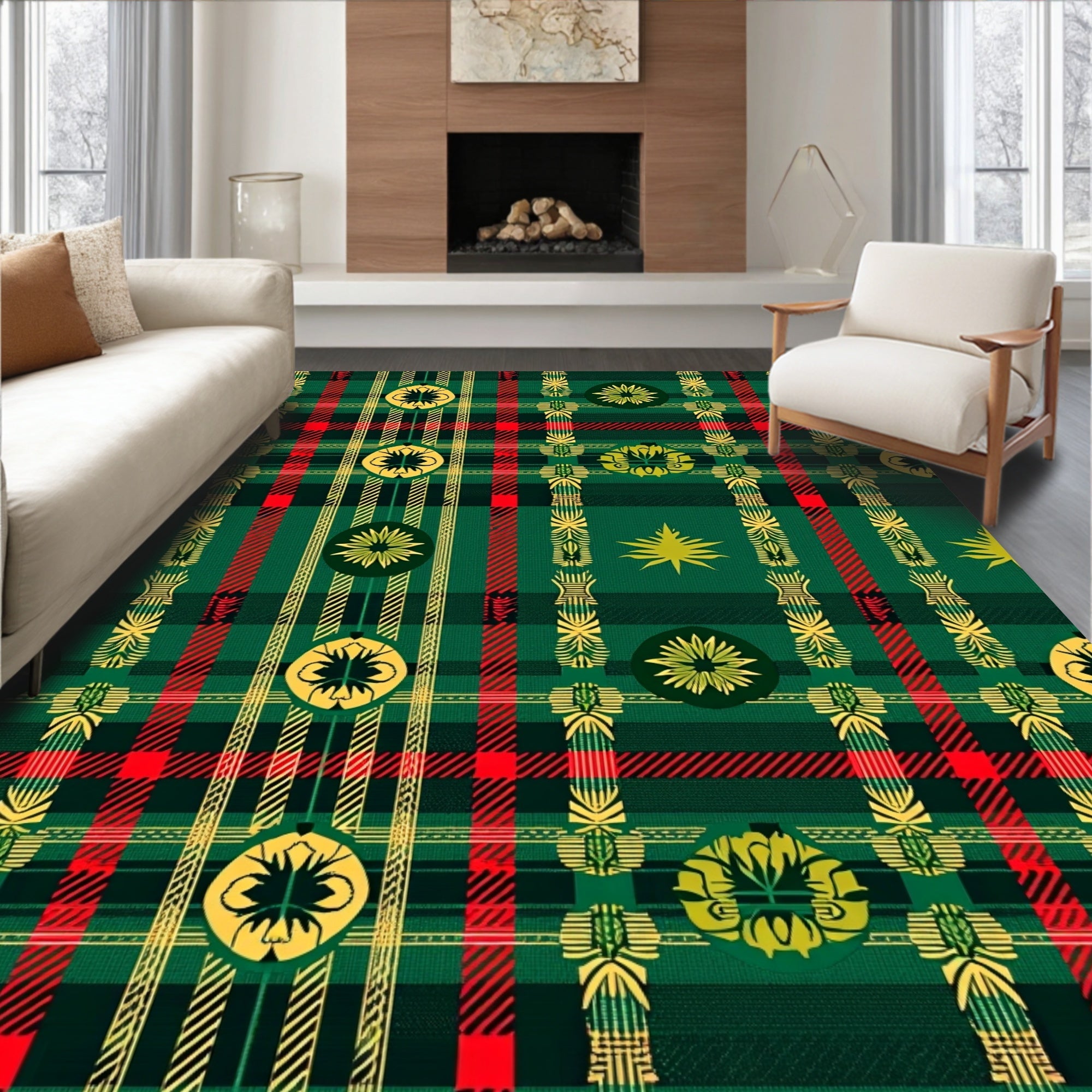 Green Red Gold Plaid Floral Rug