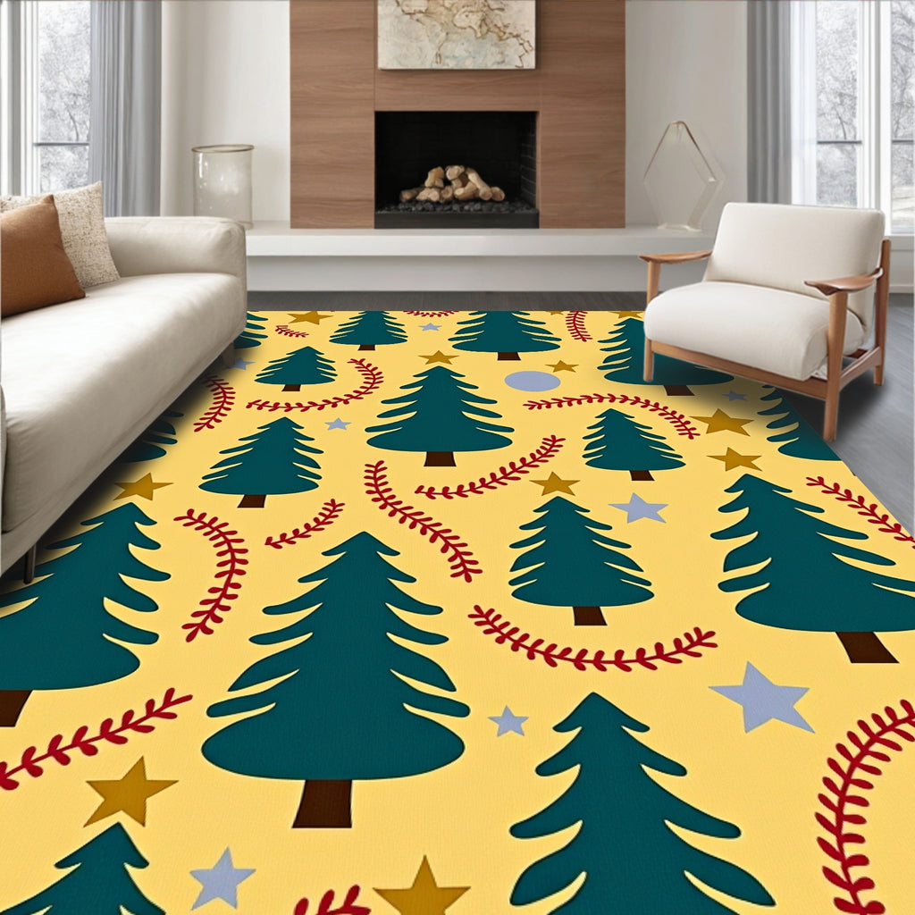 Teal Christmas Trees Yellow Star Garland Rug