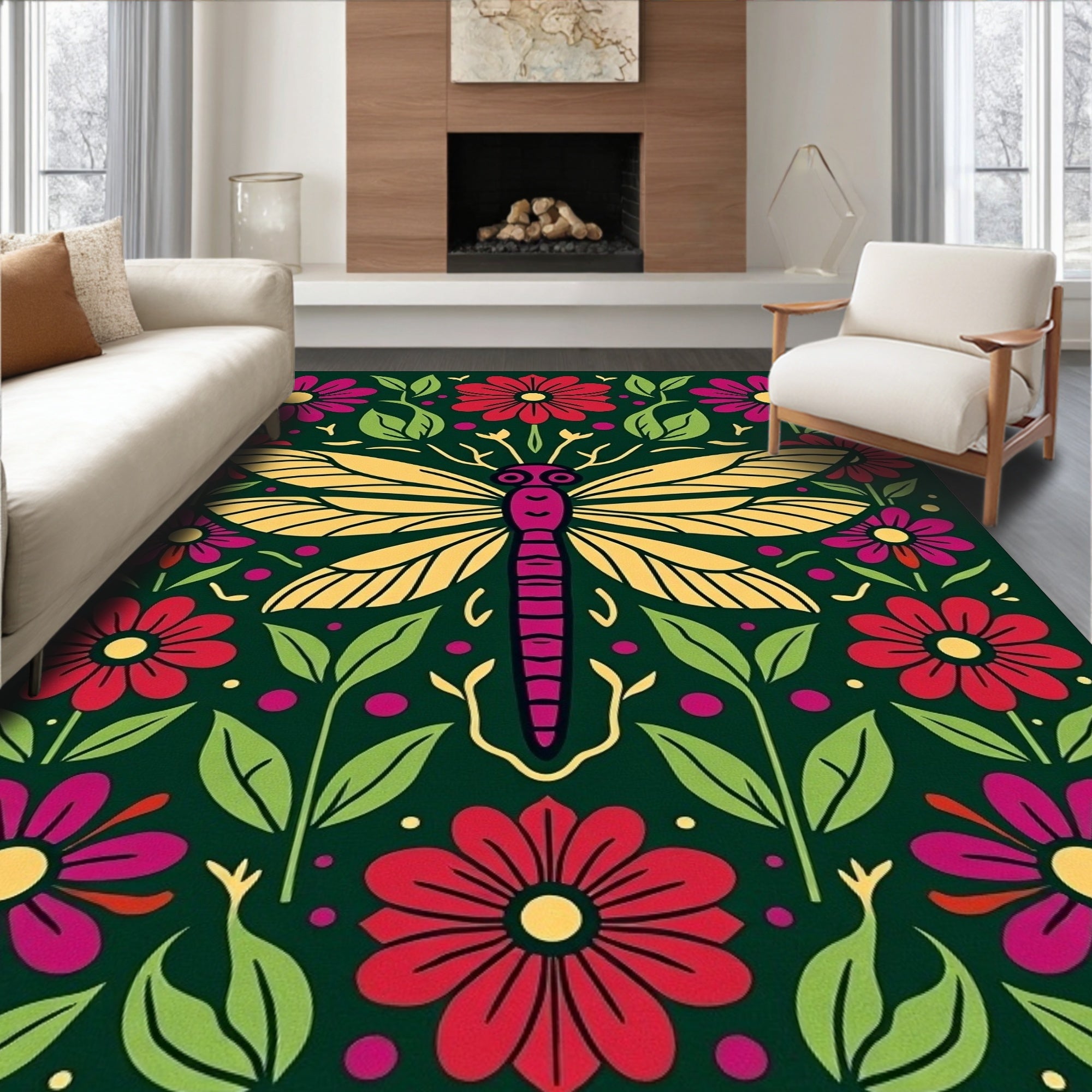 Vibrant Yellow Dragonfly Floral Garden Rug