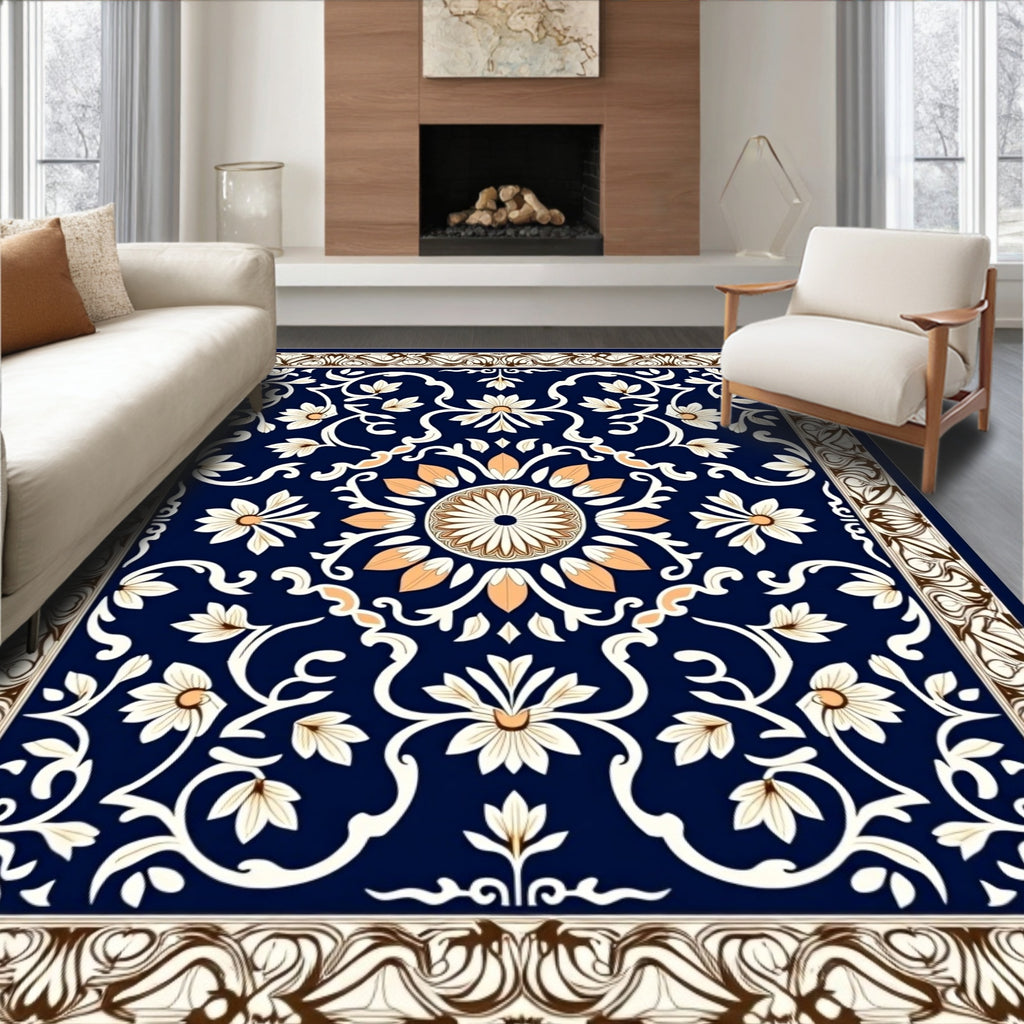 Classic Navy Floral Medallion Border Rug