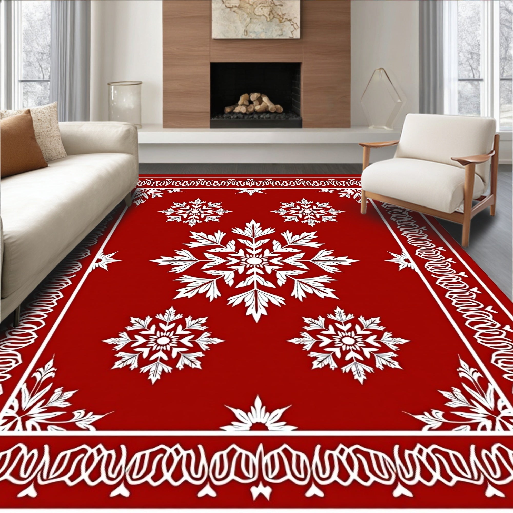 White Snowflake Bloom Border Rug