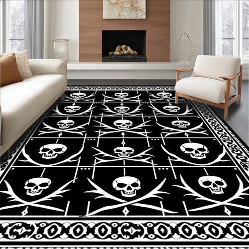 Black White Skull Crossbone Border Rug