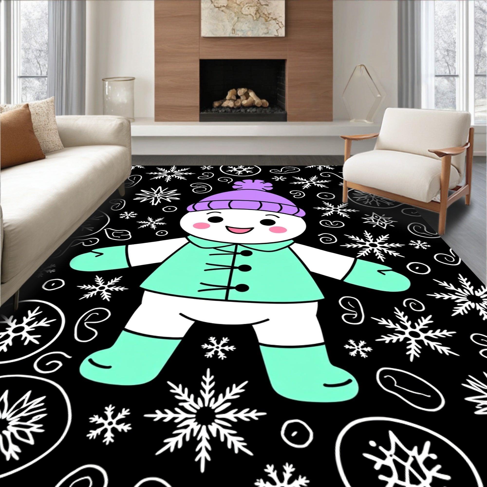 Cute Snowman With Purple Hat Snowflake Background Rug