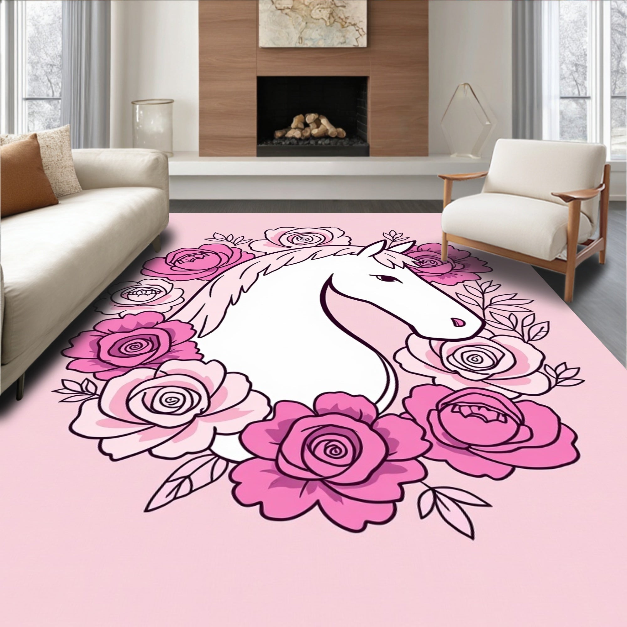 Pink Floral Horse Portrait Rug
