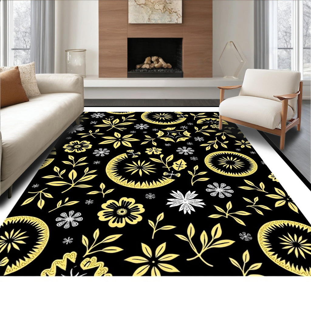 Golden Whimsical Floral Leaf Medallion Rug