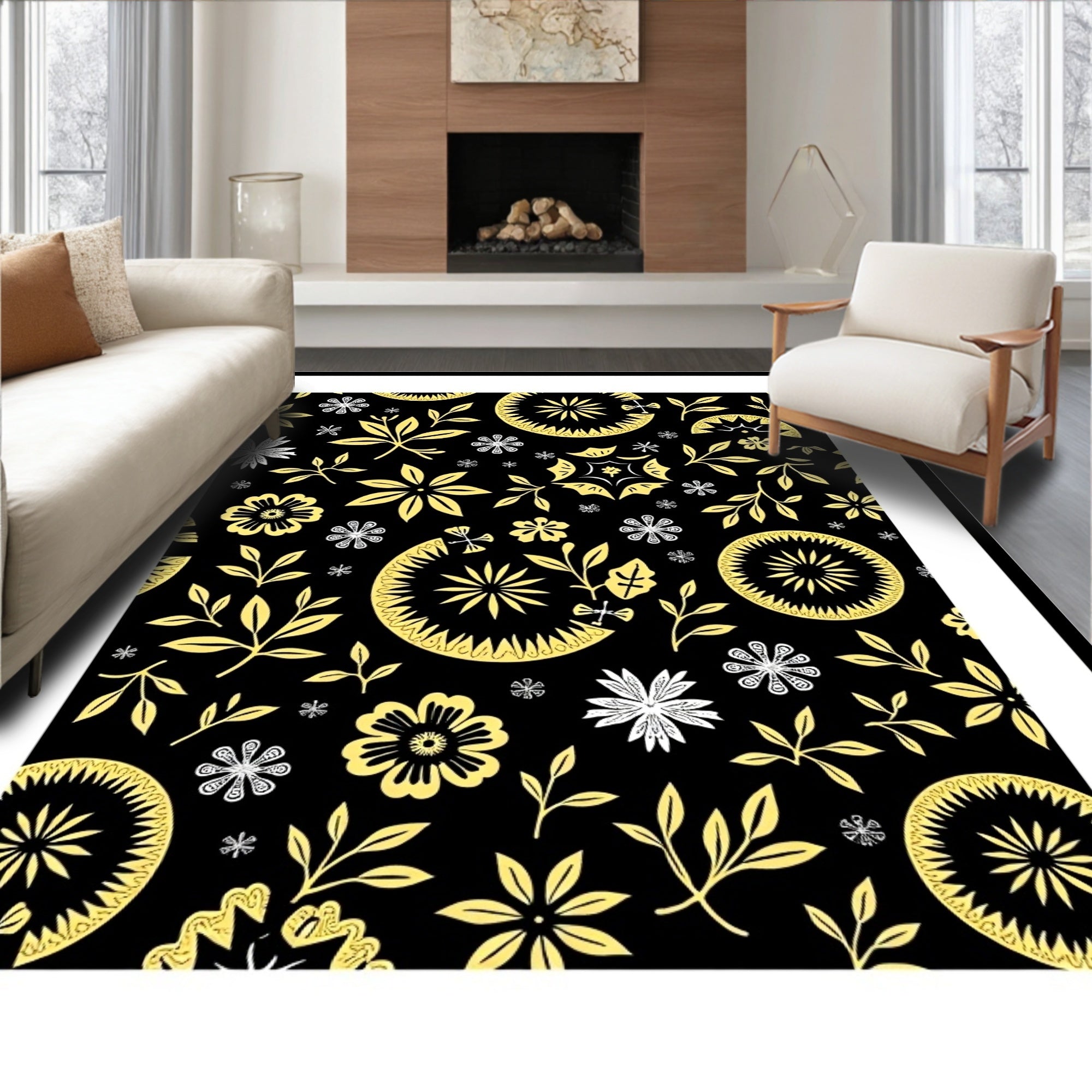 Golden Whimsical Floral Leaf Medallion Rug