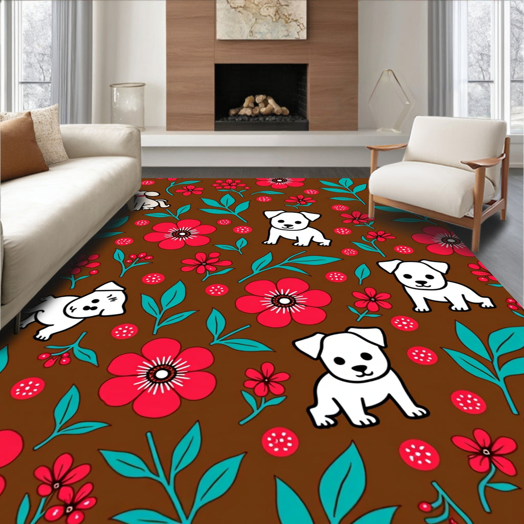 Brown Whimsical Puppy Floral Medley Rug