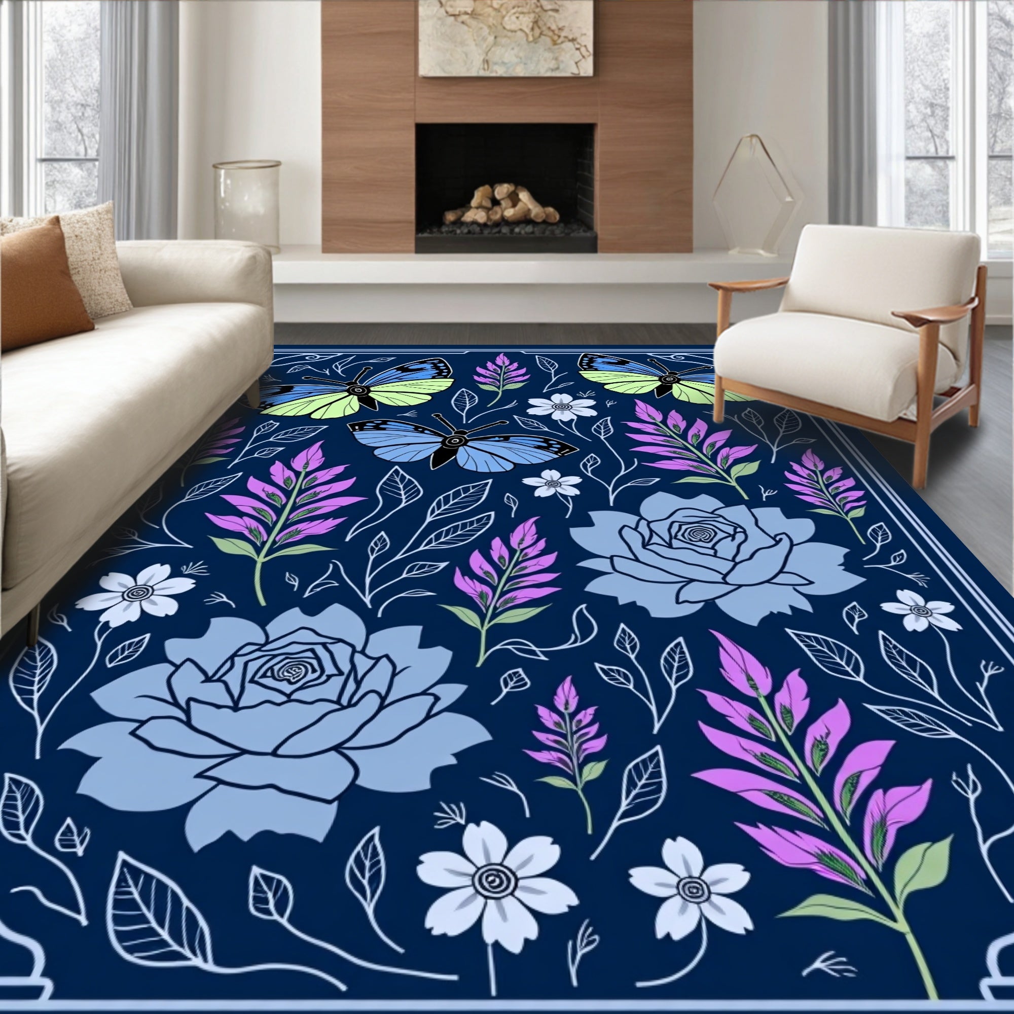 Whimsical Blue Butterfly Floral Garden Rug