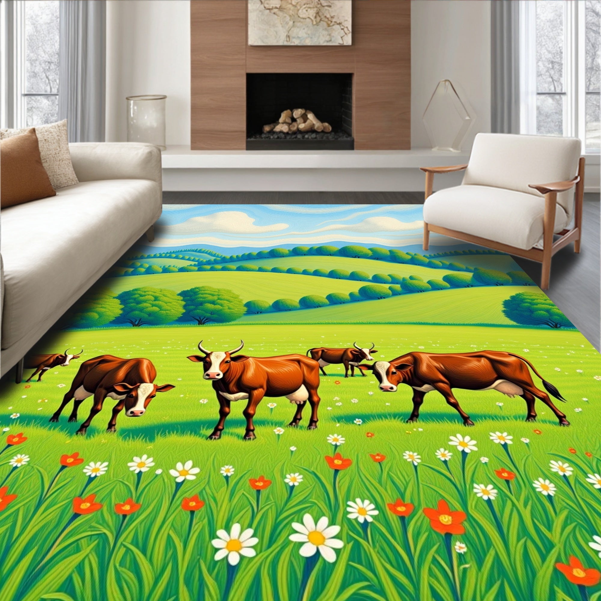 Pastoral Rolling Hills Cow Meadow Rug