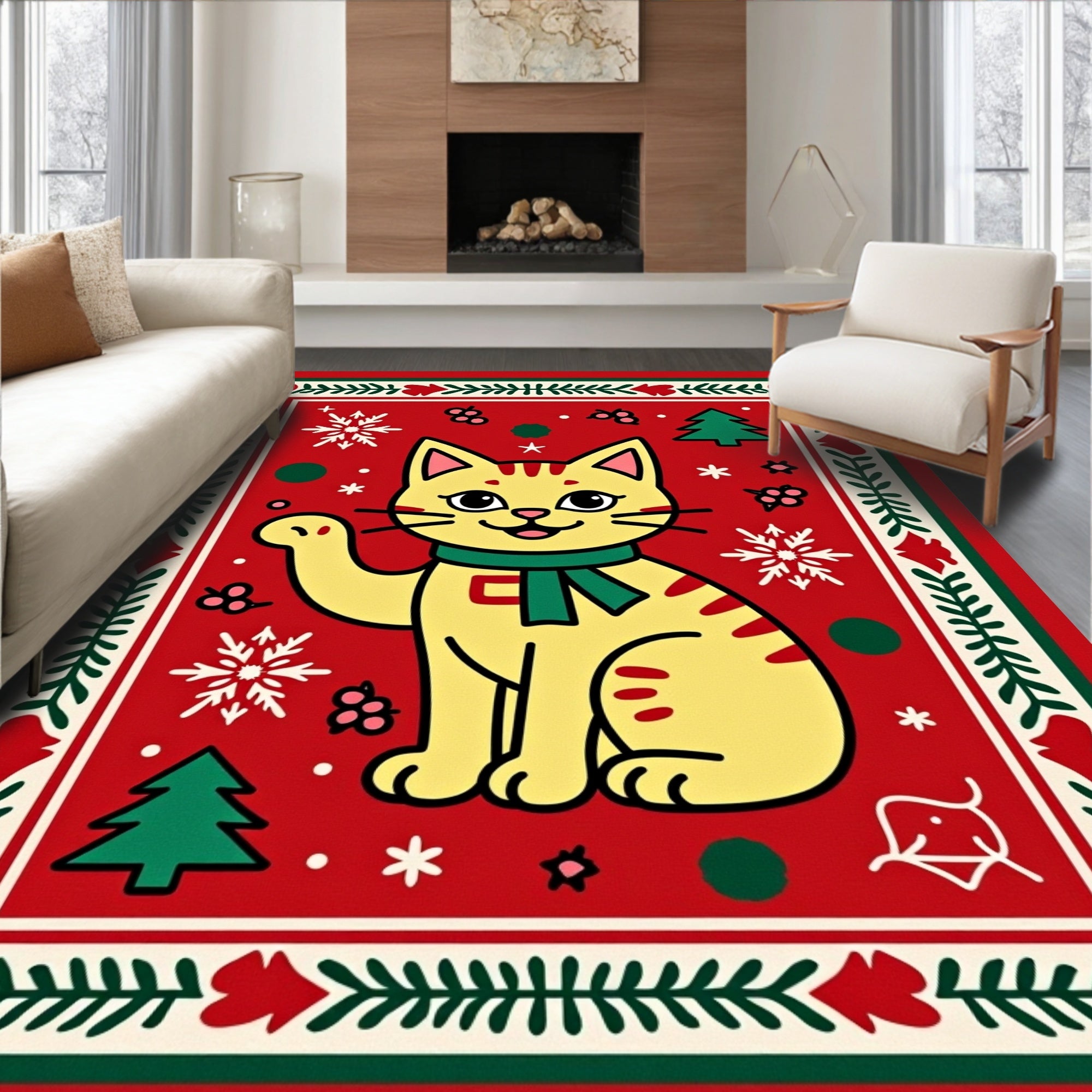 Charming Yellow Cat Christmas Floral Rug