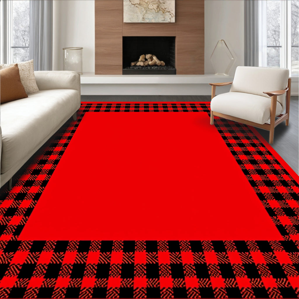 Bold Red Black Buffalo Check Border Rug