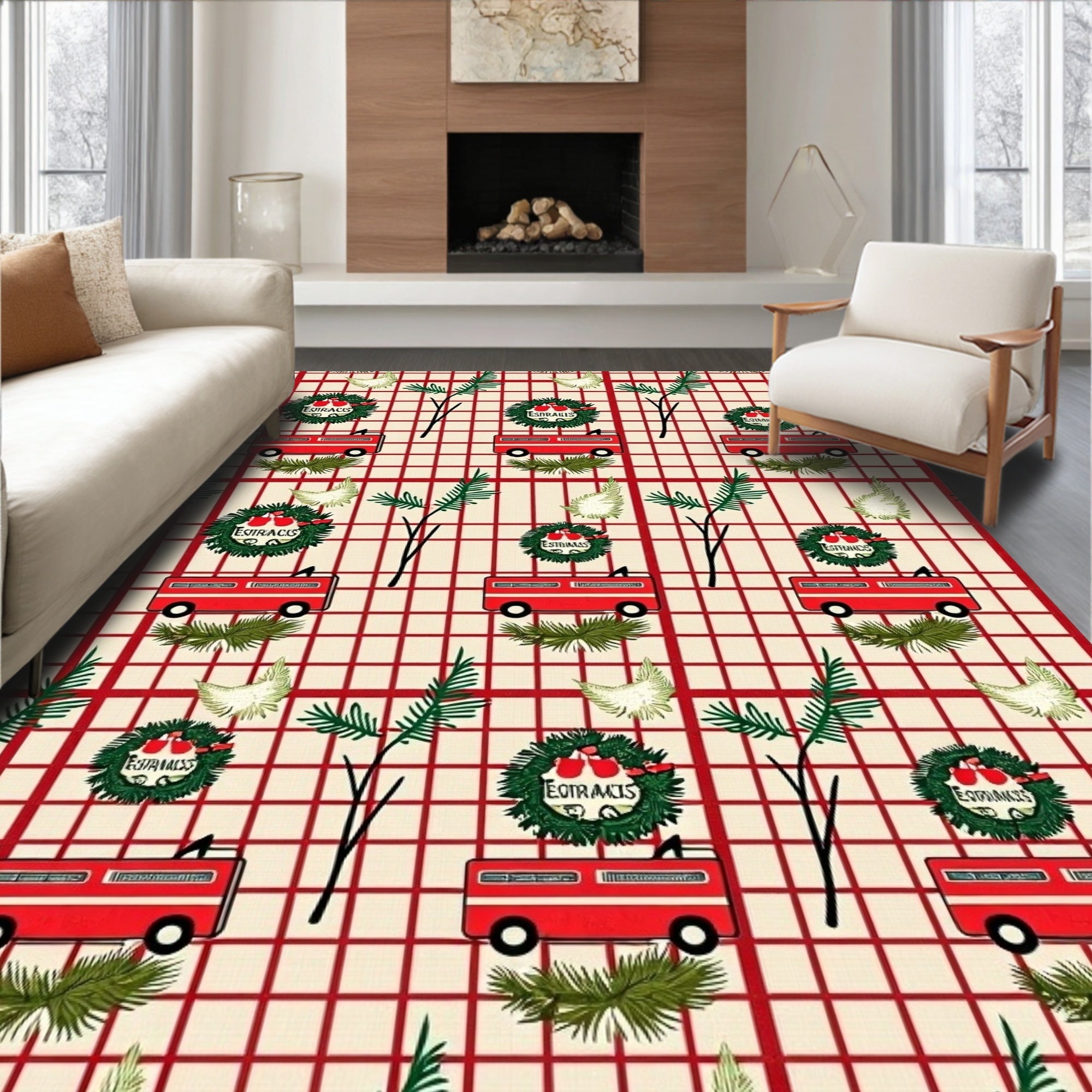 Farming Red Truck Wreath Festive Rug