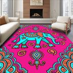 Ornate Teal Elephant Pink Swirl Border Rug