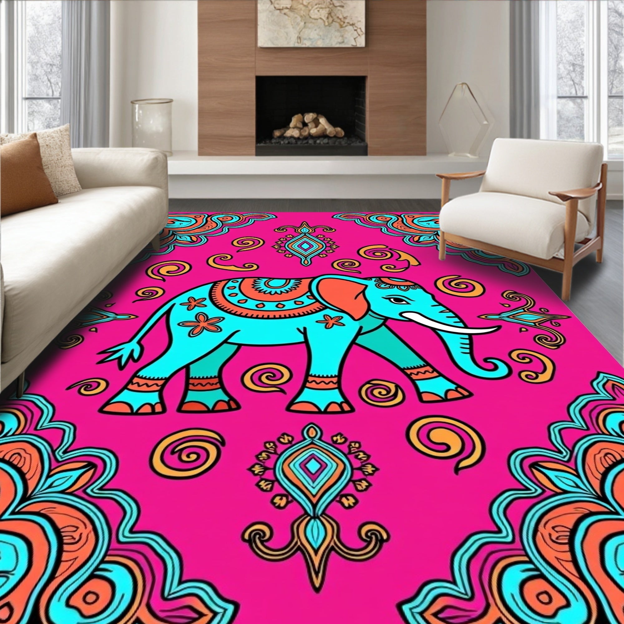 Ornate Teal Elephant Pink Swirl Border Rug
