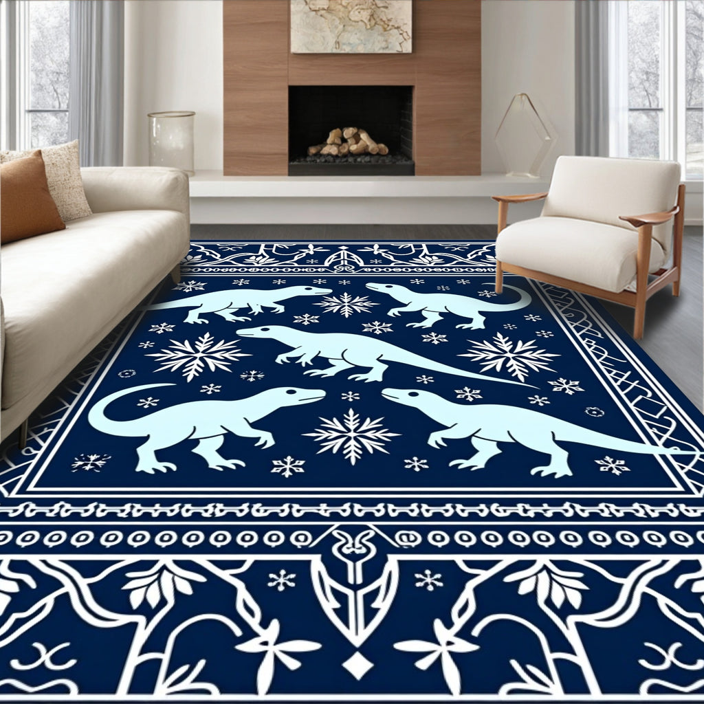 Light Blue Dinosaurs Snowflake Navy Background Rug