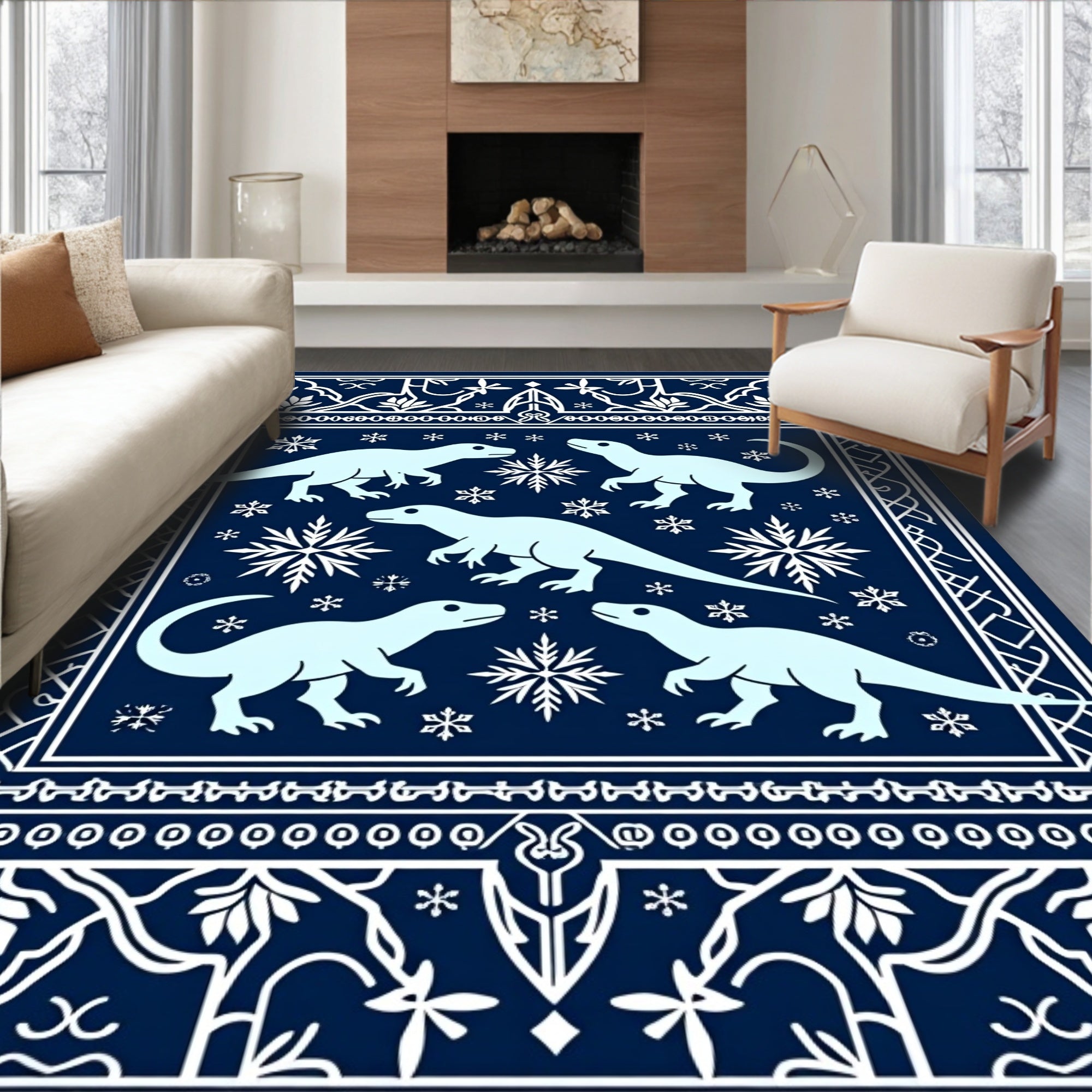 Light Blue Dinosaurs Snowflake Navy Background Rug
