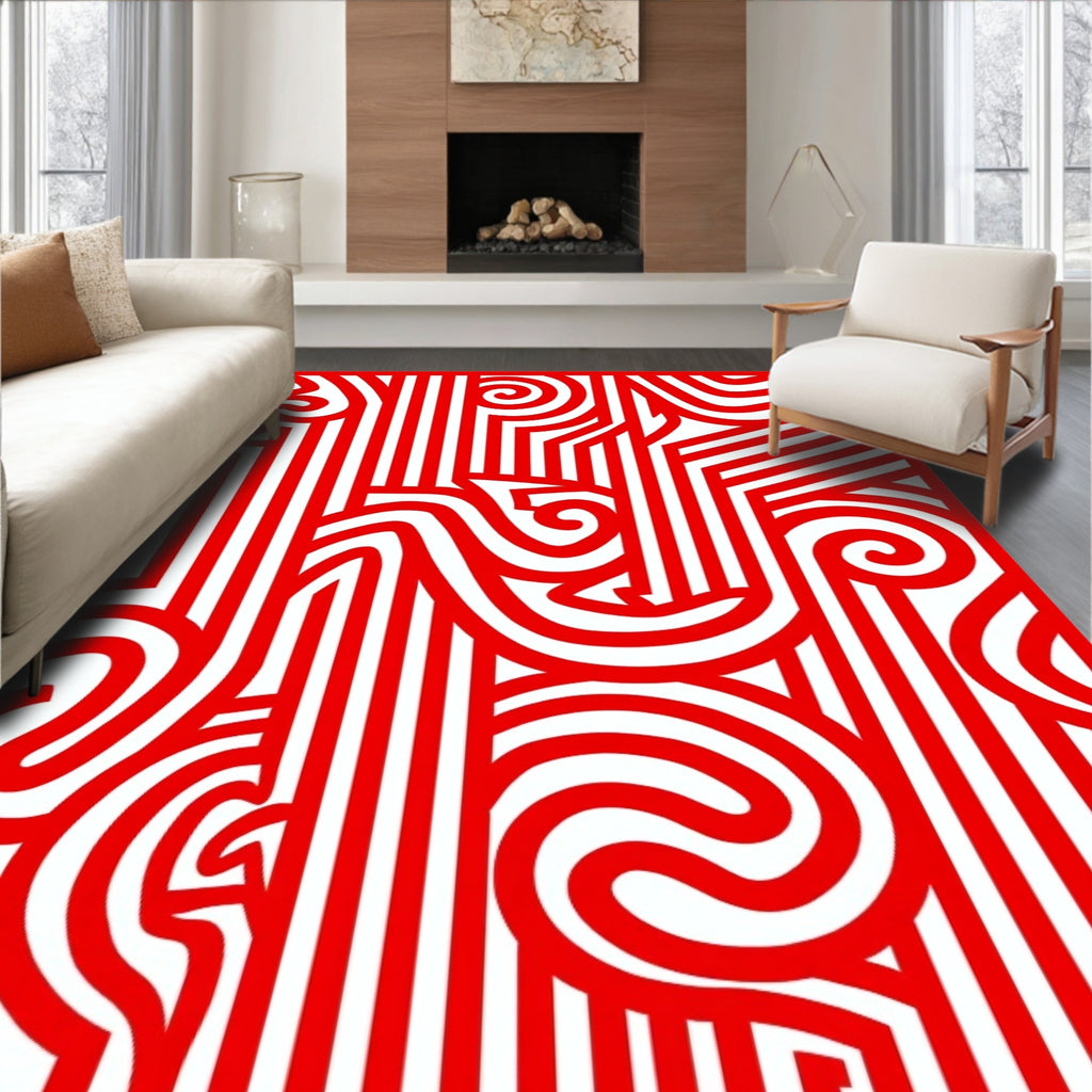 Bold Red Stripe Swirl Abstraction Rug