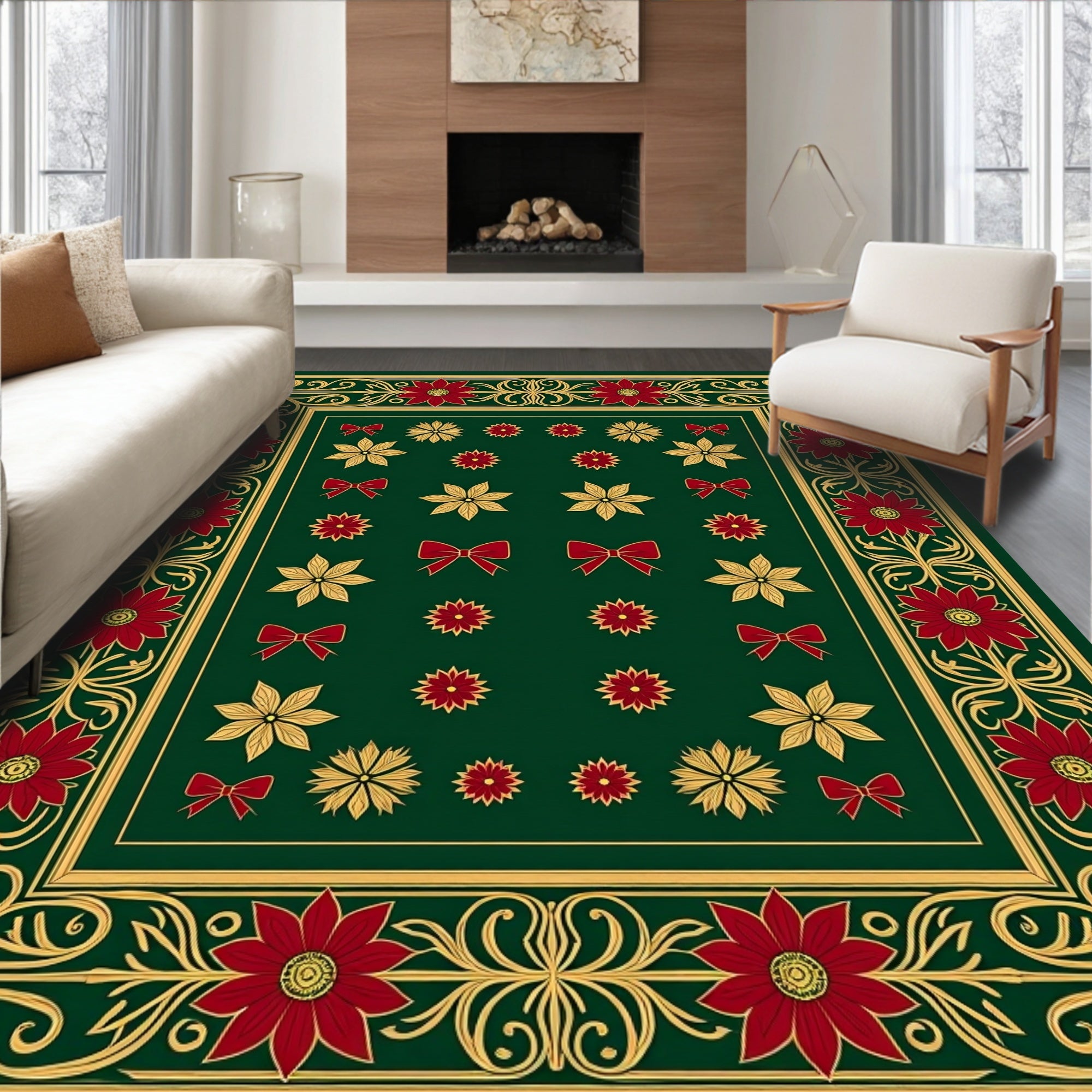 Crimson Gold Floral Bow Border Rug
