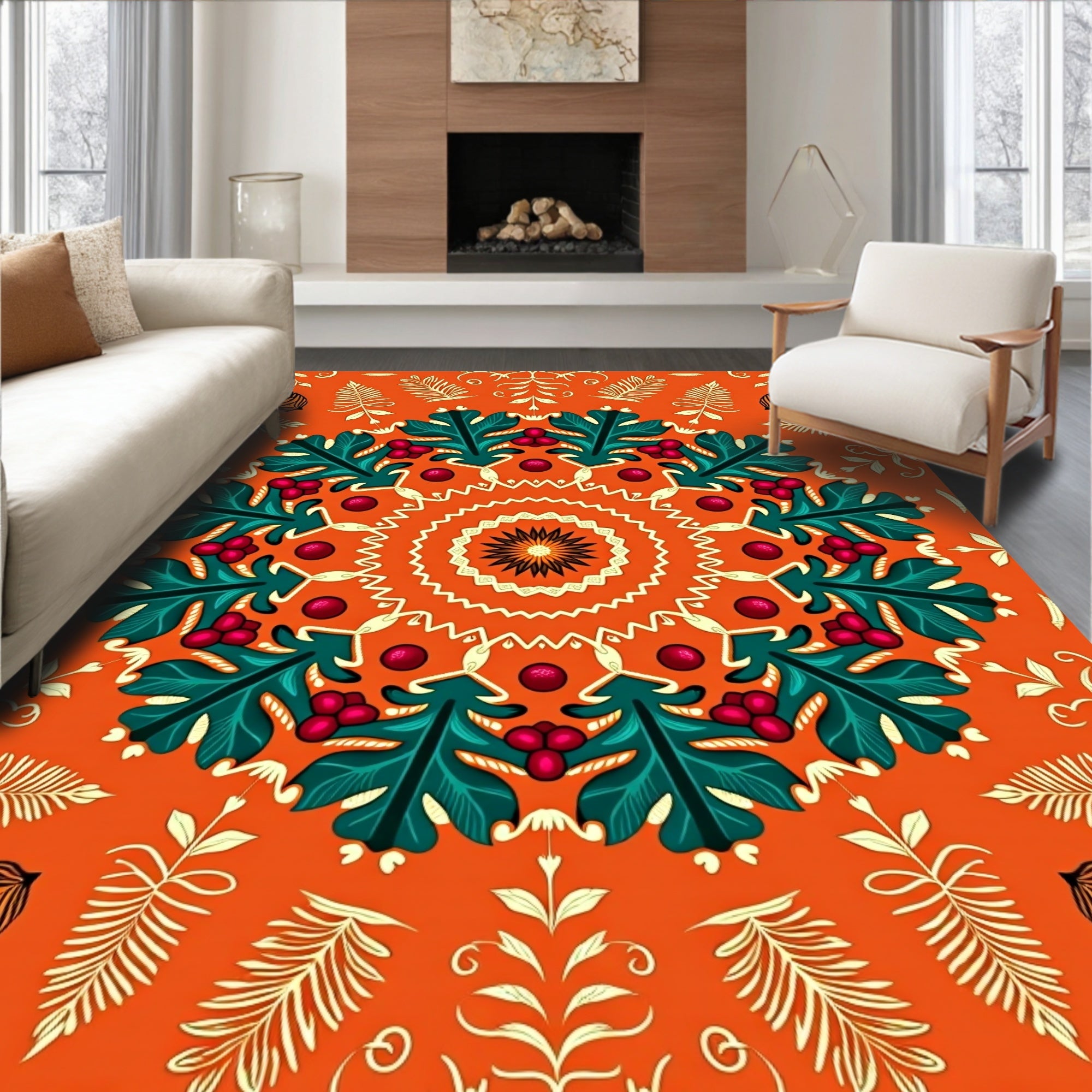Vibrant Orange Holly Berry Medallion Rug
