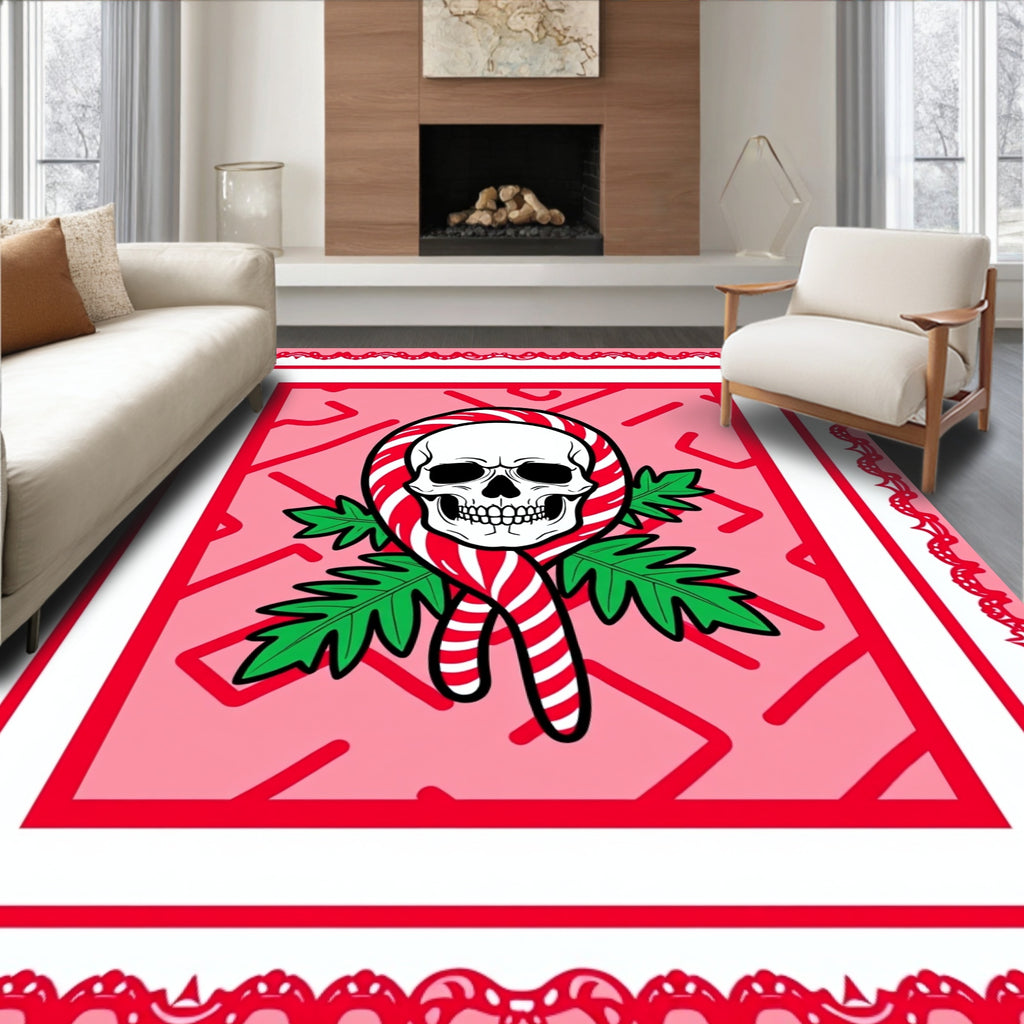 Sweet Skull Candy Cane Holly Red Rug
