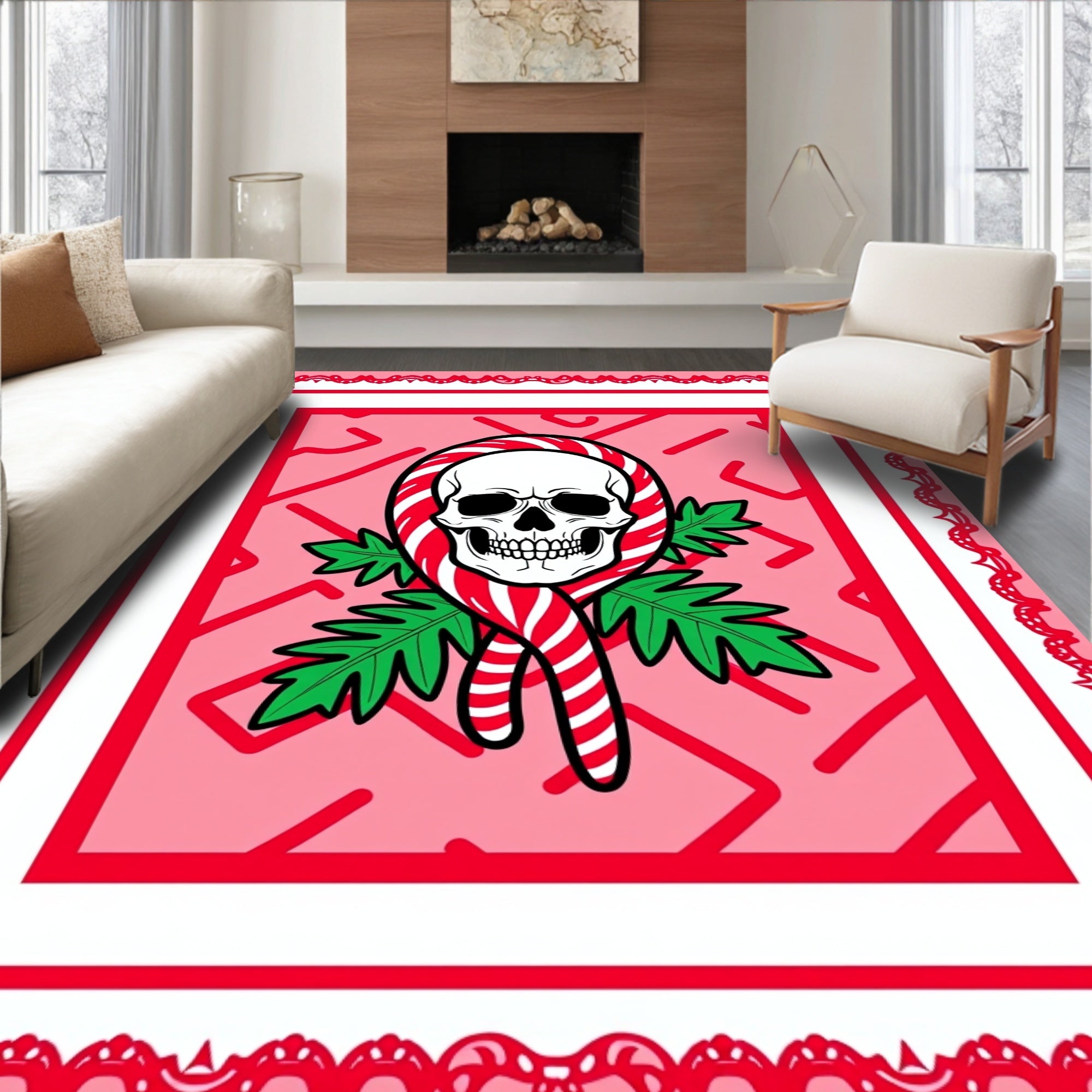 Sweet Skull Candy Cane Holly Red Rug