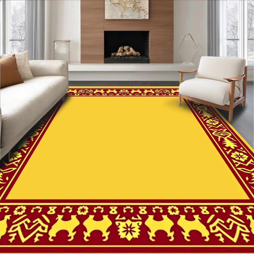 Bold Crimson Camel Bordered Yellow Graphic Rug