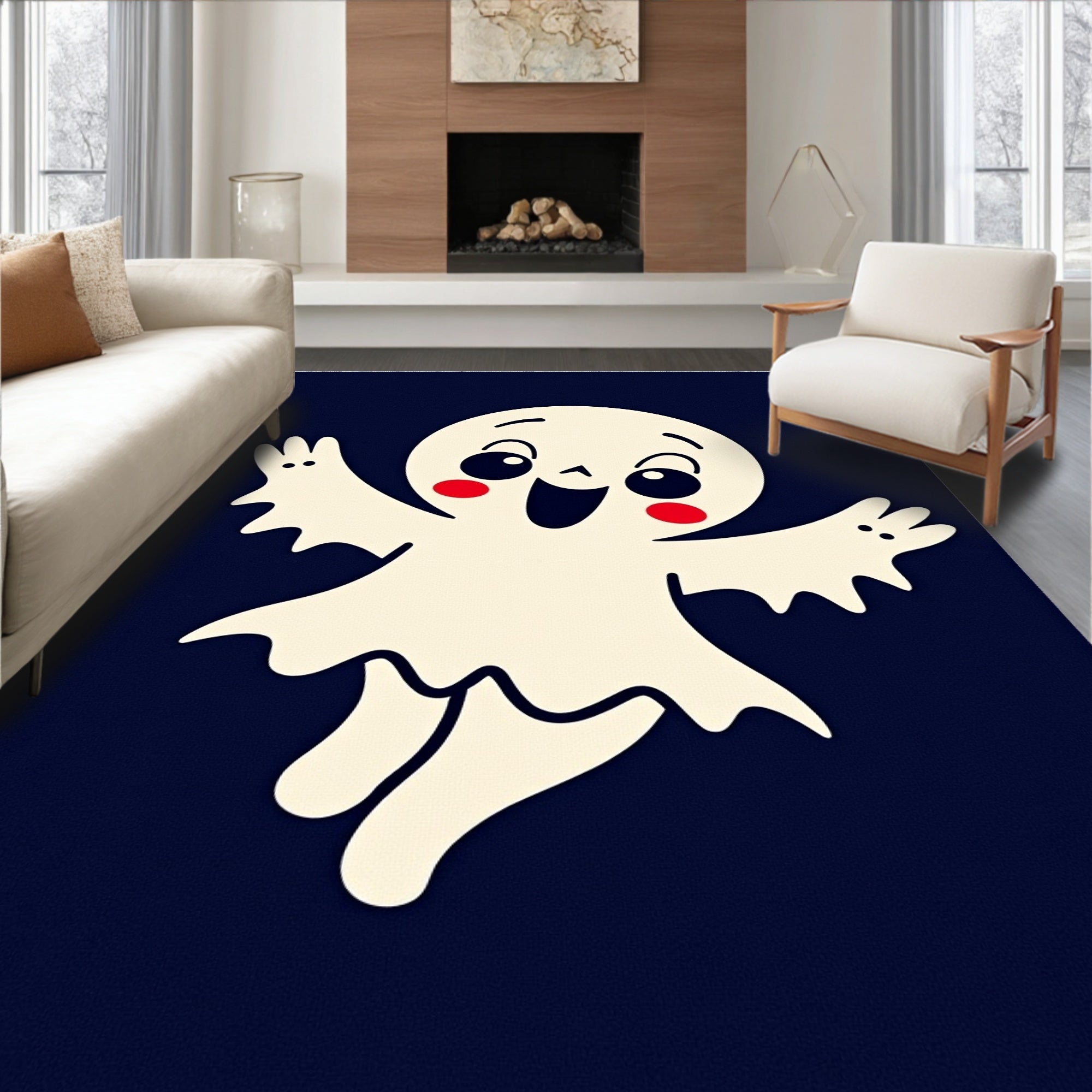 Playful Cream Ghost Dark Navy Accent Rug